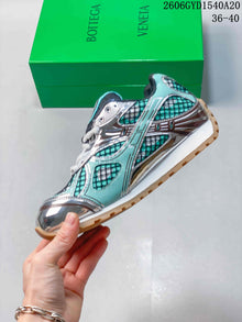 Bottega Veneta Orbit Lace-Up Runner Sneakers in Turquoise and Silver