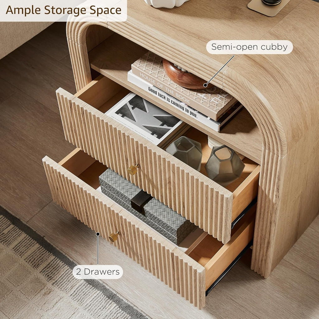 Vertical Striped Double Drawer Nightstand (With Charging Function), 24-Inch Modern Rounded Corner Design, Suitable for Bedroom And Living Room Storage Side Table