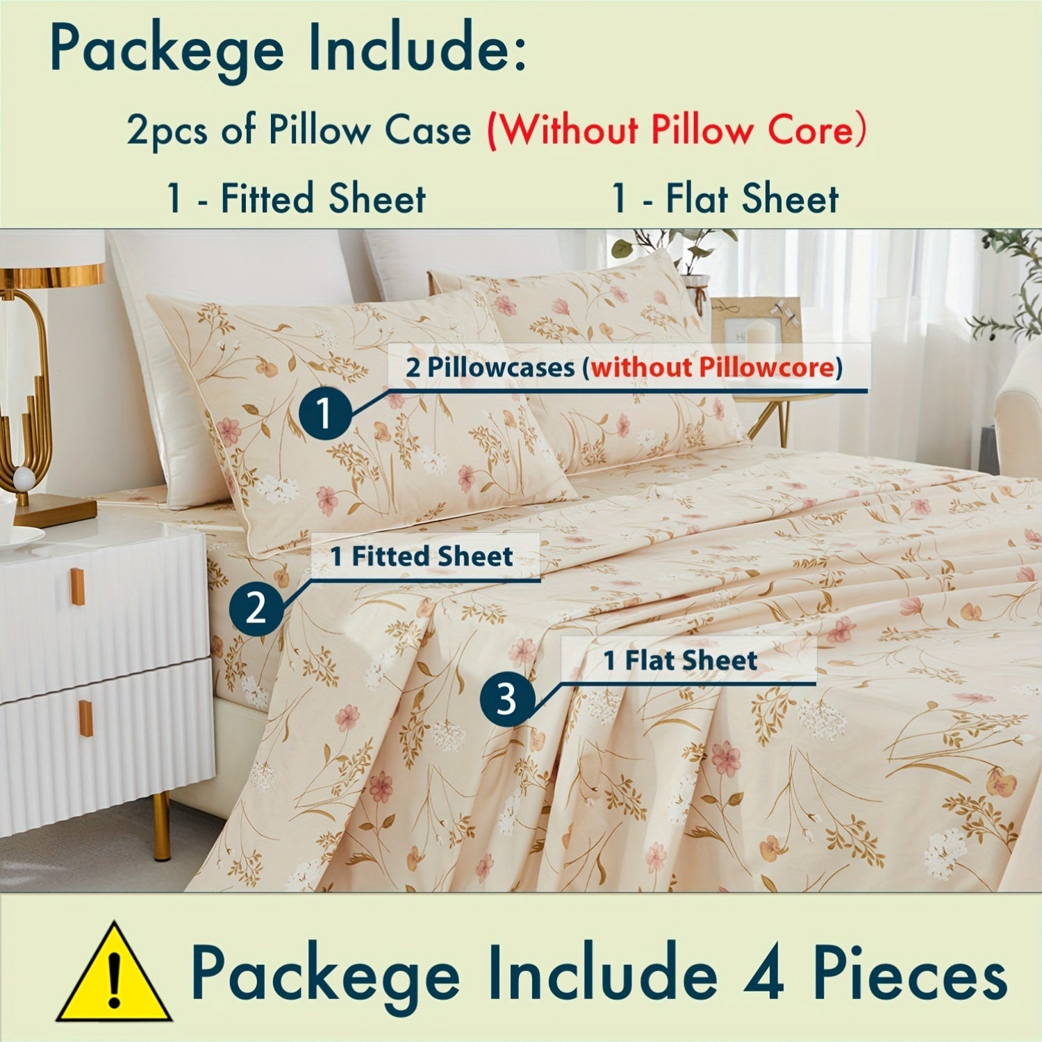 4pcs 600TC 100% Egyptian Cotton Fitted Sheet Set (1*Fitted Sheet+1*Flat Sheet+2*Pillowcase, Without Core), Luxury Elegant Floral Shabby Chic Bedding Set, For Bedroom Guest Room Student Dorm All Seasons