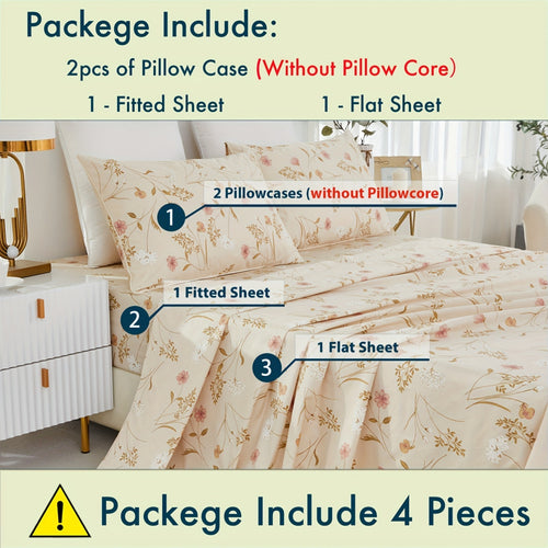 4pcs 600TC 100% Egyptian Cotton Fitted Sheet Set (1*Fitted Sheet+1*Flat Sheet+2*Pillowcase, Without Core), Luxury Elegant Floral Shabby Chic Bedding Set, For Bedroom Guest Room Student Dorm All Seasons