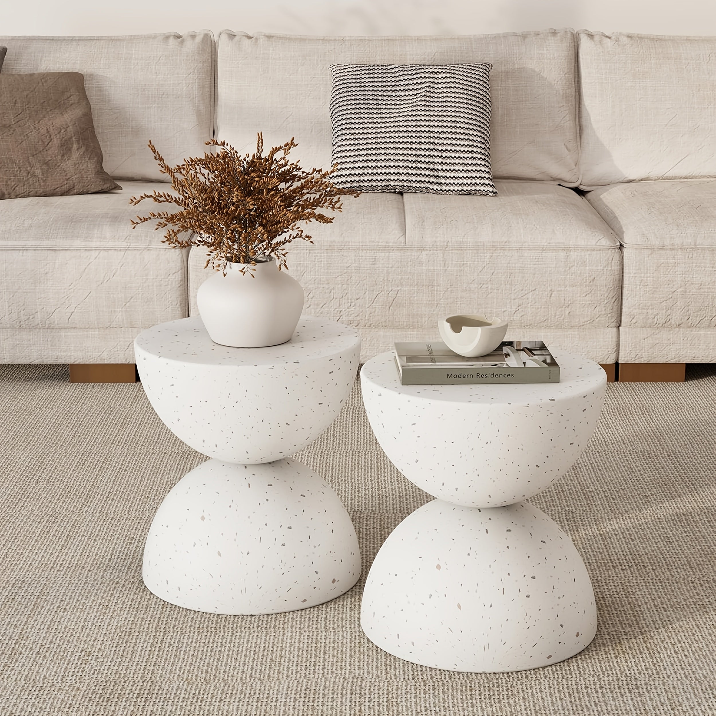 Outdoor\u002FIndoor Universal Side Table (Set of Two), Semi-Circular Magnesia Side Table, Mid-Century Modern Dual Half- Design, Artistic Style Movable Table, Living Room Side Table, Garden Plant Stand, Bedroom Nightstand, Balcony Small Tea Table