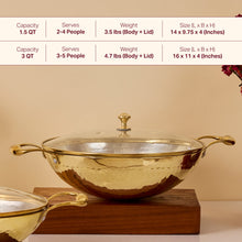 Brass Wok with Glass lid (Circular & Deep cooking/ serving Utensil)